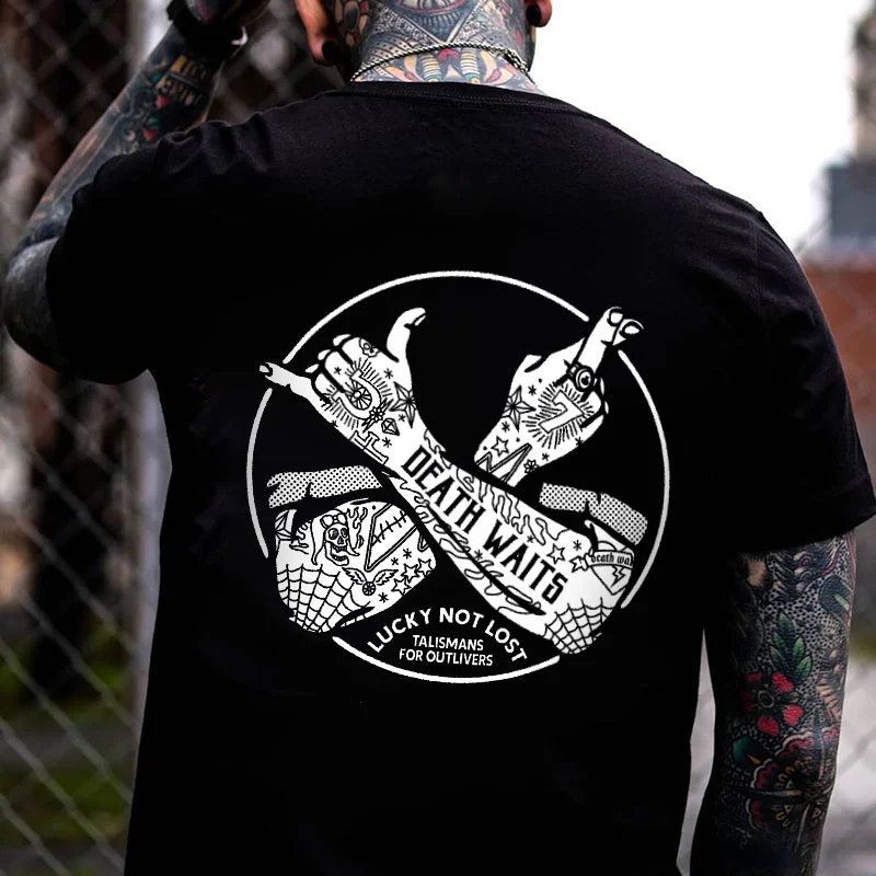 DEATH WAITS Tattooed Hands Black Print T-Shirt