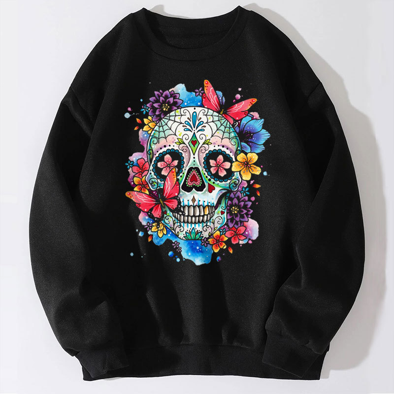 Butterfly Sugar Skull Painting Creative Black Print Sweatshirt