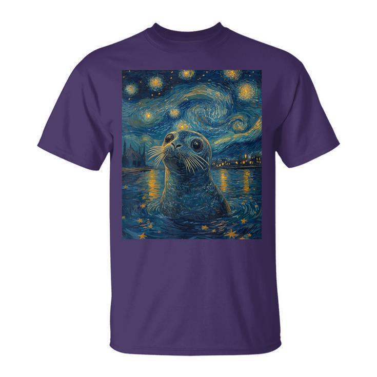 Cute Seal Sea Lion Van Gogh Style Starry Night Graphic T-Shirt