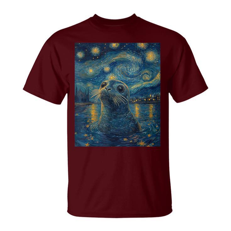 Cute Seal Sea Lion Van Gogh Style Starry Night Graphic T-Shirt