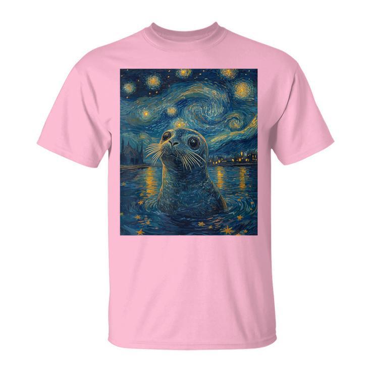 Cute Seal Sea Lion Van Gogh Style Starry Night Graphic T-Shirt