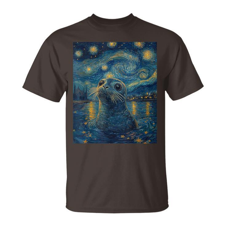 Cute Seal Sea Lion Van Gogh Style Starry Night Graphic T-Shirt