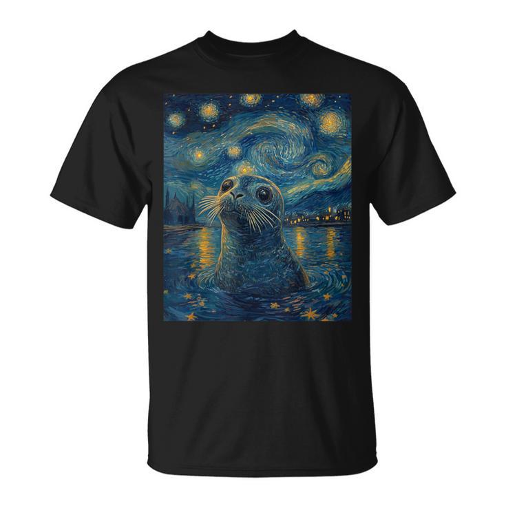 Cute Seal Sea Lion Van Gogh Style Starry Night Graphic T-Shirt
