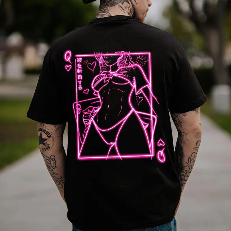 POKER Q Fluorescent Pinstripe Sexy Lady Print Men's T-shirt