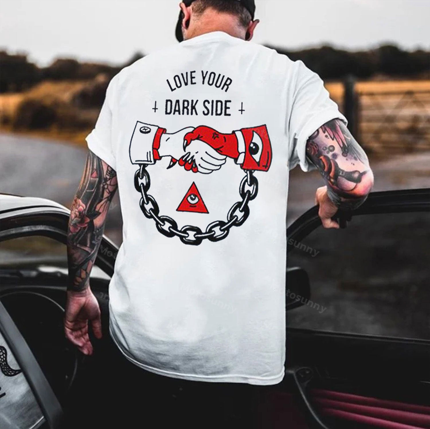 LOVE YOUR DARK SIDE Shaking Hands Graphic White Print T-shirt