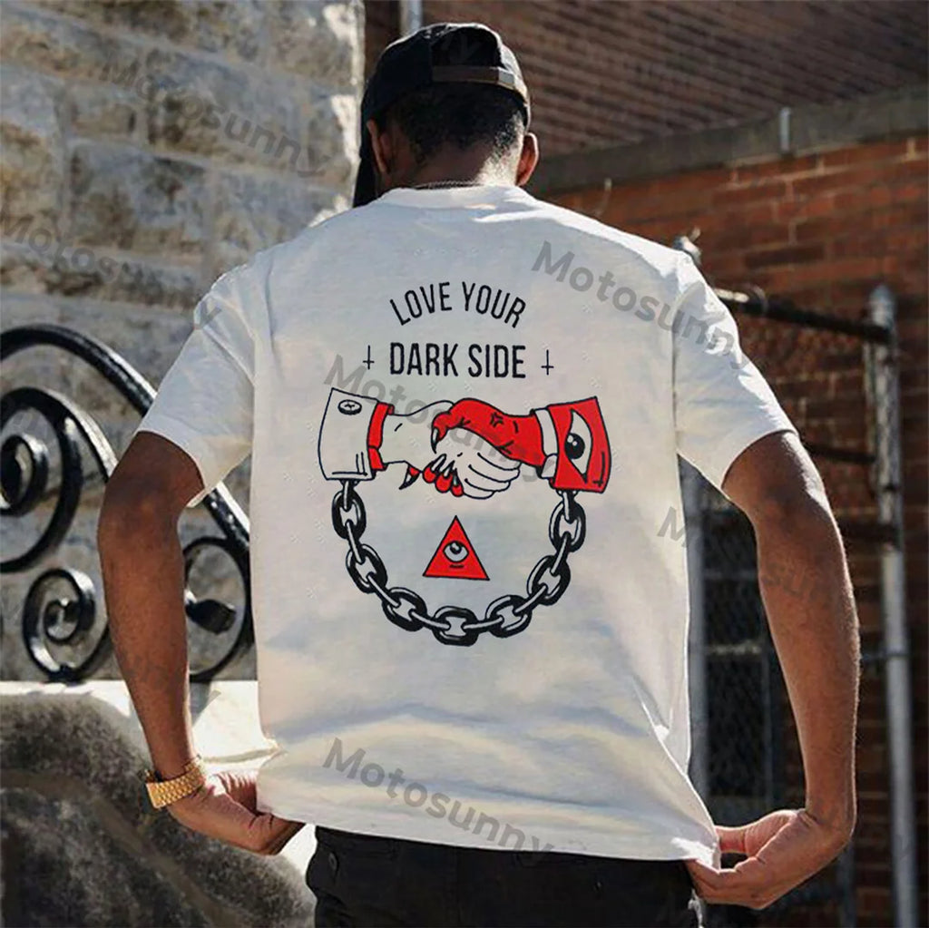 LOVE YOUR DARK SIDE Shaking Hands Graphic White Print T-shirt