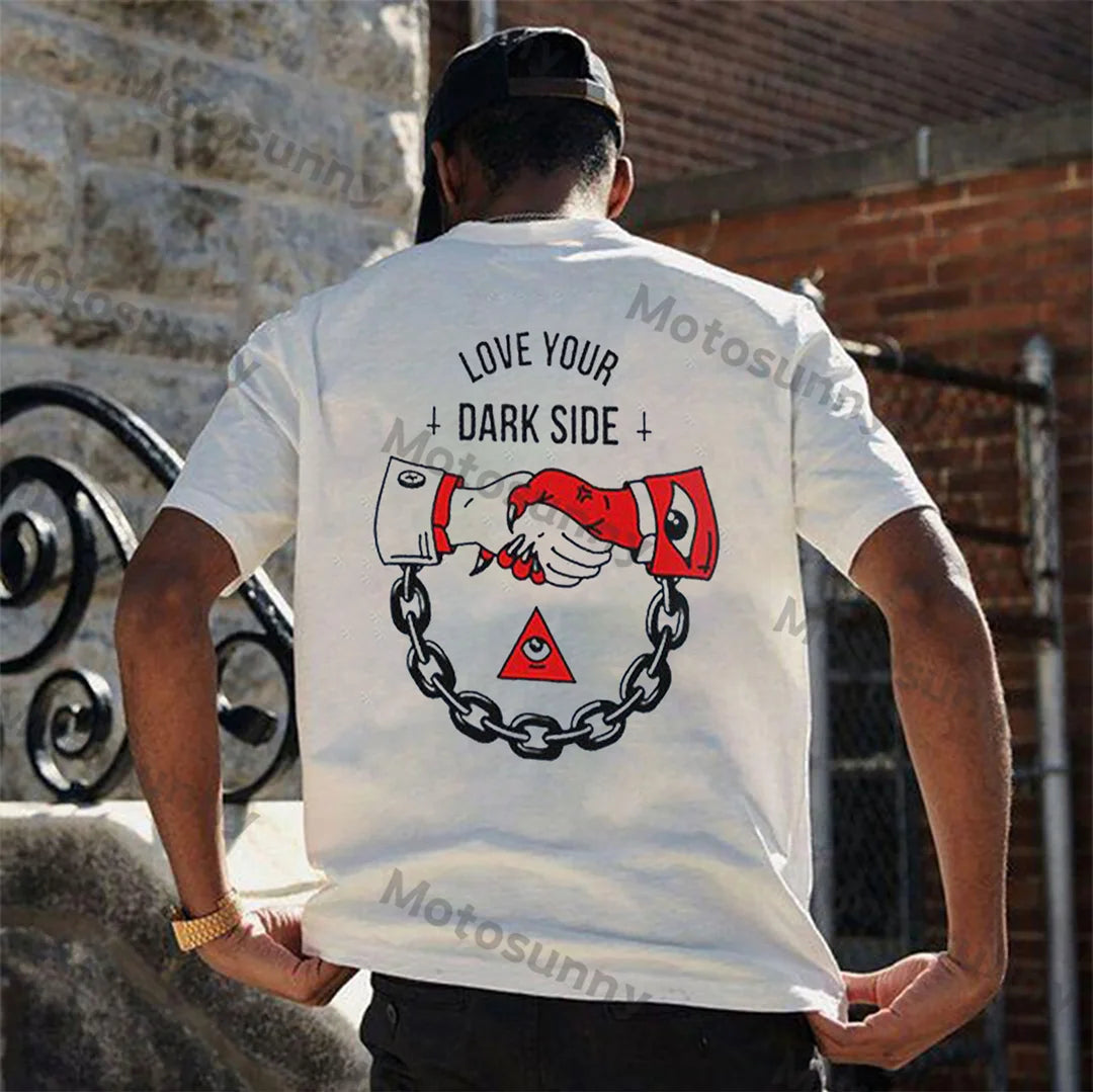 LOVE YOUR DARK SIDE Shaking Hands Graphic White Print T-shirt