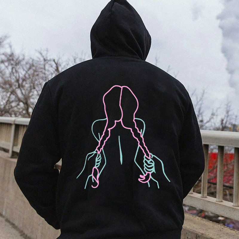 A Girl with a Long Braid Linear Black Print Hoodie