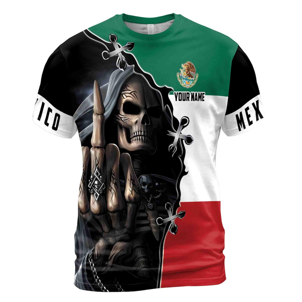 Custom Name Mexico Skull Reaper Mexico Flag Men's 3D T-shirt S-5XL