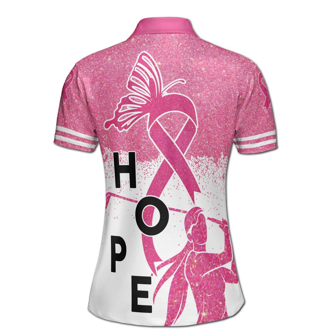 Custom Name Pink Glitter Hope Breast Cancer Month Lady Golfer Women's Polo Shirt (S-5XL)