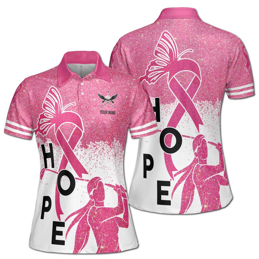 Custom Name Pink Glitter Hope Breast Cancer Month Lady Golfer Women's Polo Shirt (S-5XL)