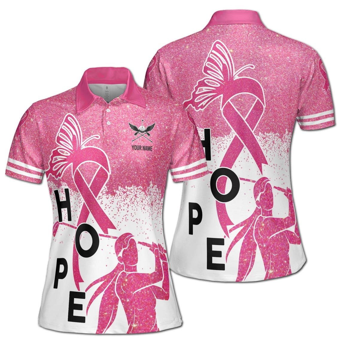 Custom Name Pink Glitter Hope Breast Cancer Month Lady Golfer Women's Polo Shirt (S-5XL)
