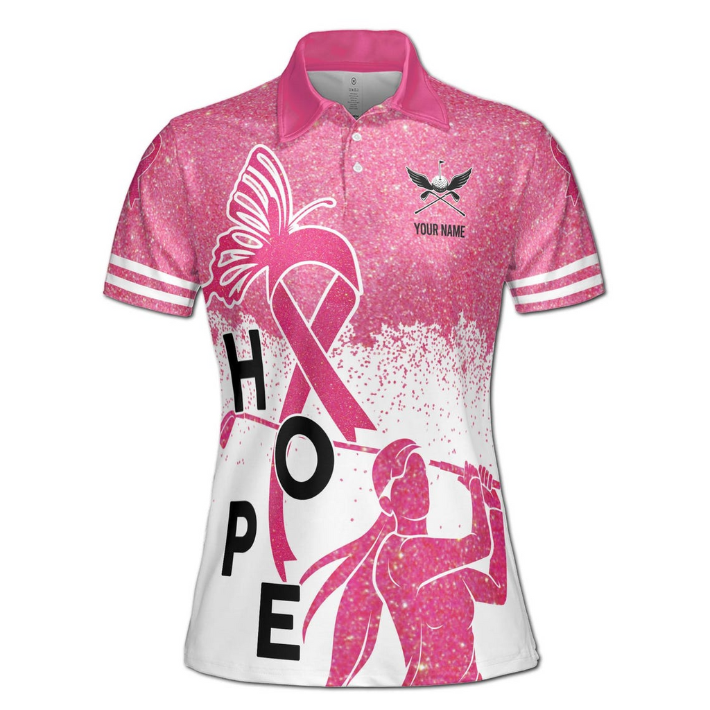 Custom Name Pink Glitter Hope Breast Cancer Month Lady Golfer Women's Polo Shirt (S-5XL)
