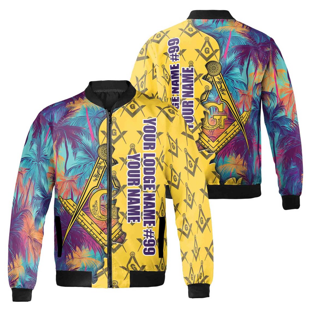 Custom Masonic Freemasonry Hawai Tropical Pattern Bomber Jacket (S-5XL)
