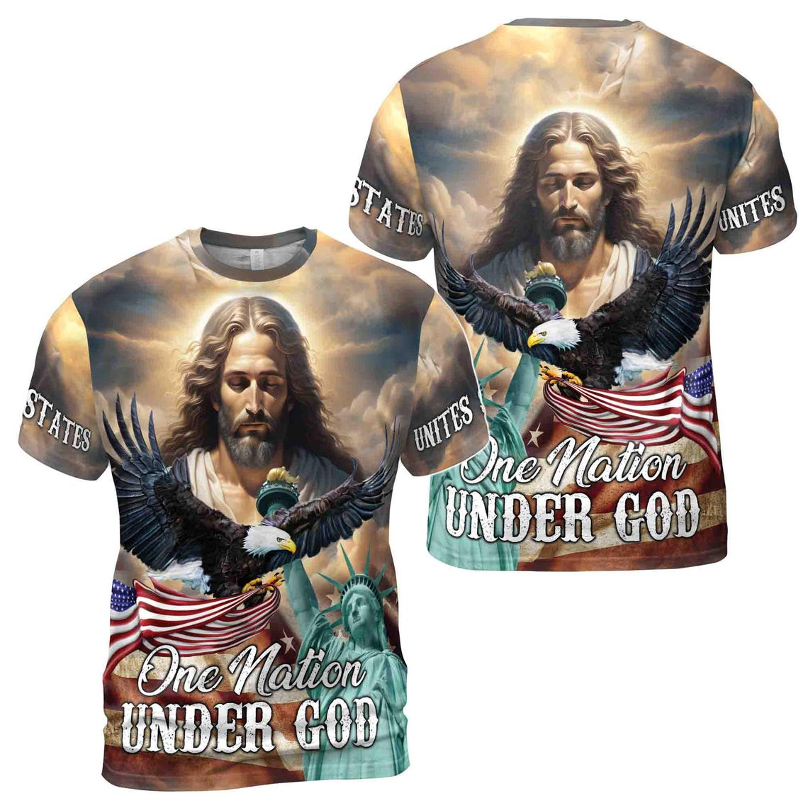 Jesus Aurole One Nation Under God America Statue of Liberty Men's 3D T-shirt S-5XL