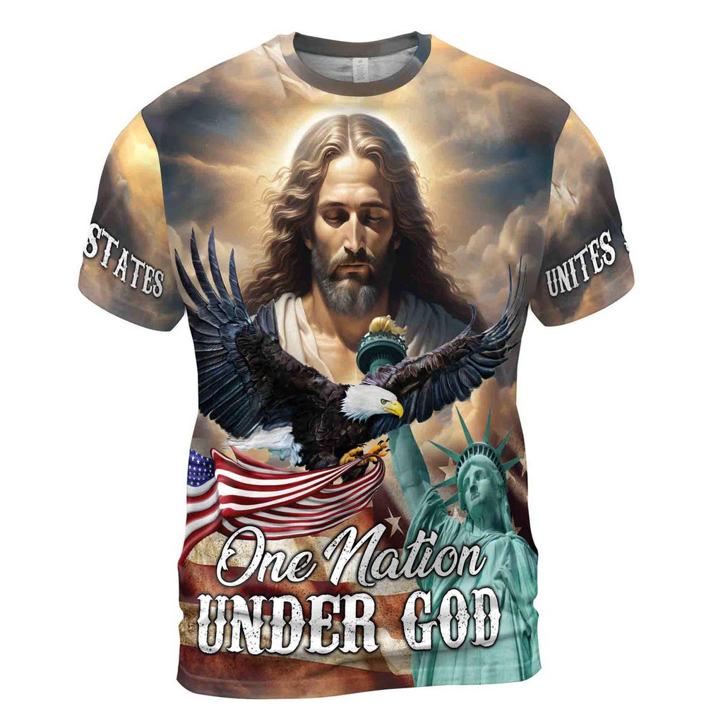 Jesus Aurole One Nation Under God America Statue of Liberty Men's 3D T-shirt S-5XL