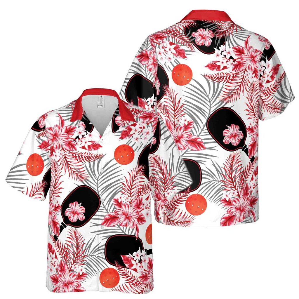 Aloha Red Tropical Flower With Pickleball Hawaiian Shirts (S-5XL)
