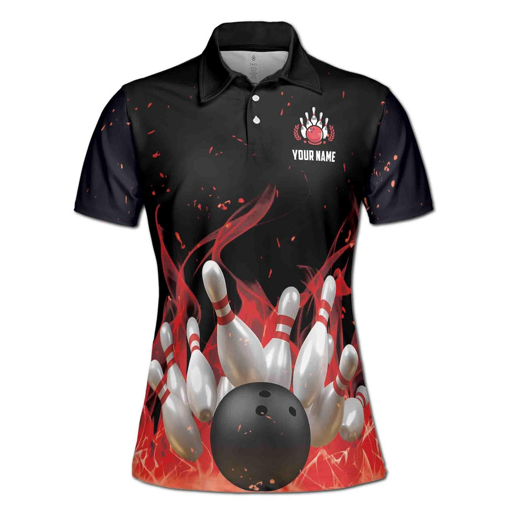 Personalized Red Flame Bowling Player Lover Women's Polo Shirt (S-5XL)