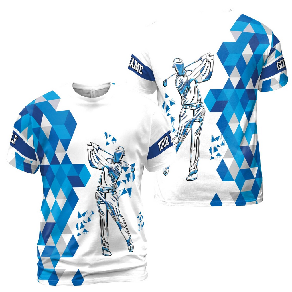 Custom Name Blue Diamond Pattern Golfer Men's 3D T-shirt S-5XL