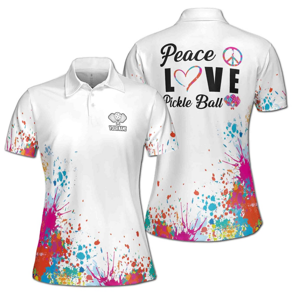 Custom Name Color Spatter Peace Love Pickleball Women's Polo Shirt (S-5XL)