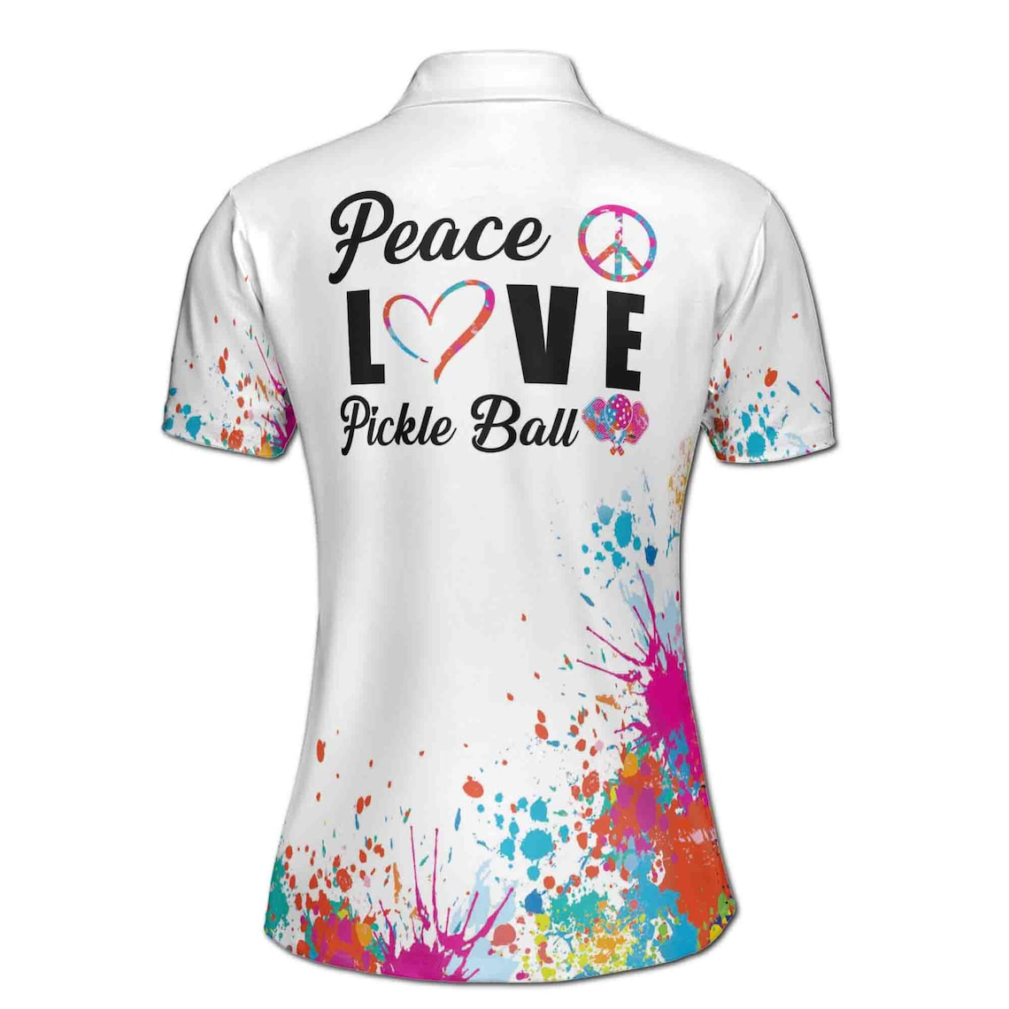 Custom Name Color Spatter Peace Love Pickleball Women's Polo Shirt (S-5XL)