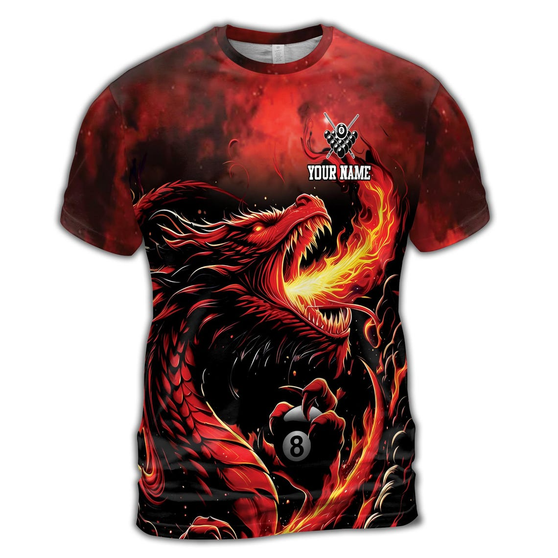 Custom Name Fire Dragon Billiard Passonate Player Men's 3D T-shirt (S-5XL)