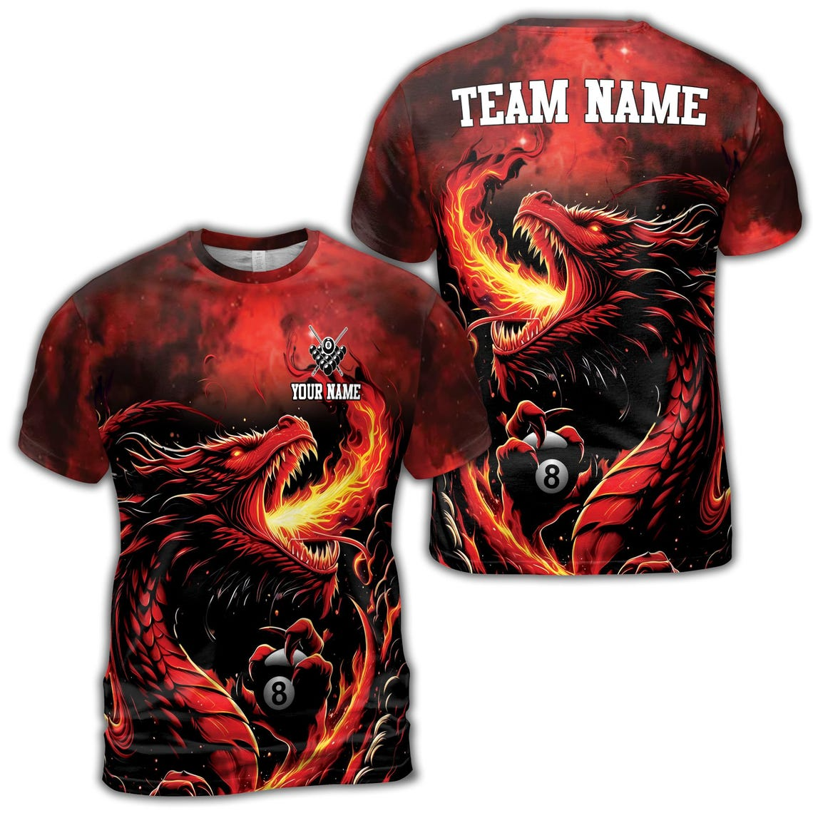 Custom Name Fire Dragon Billiard Passonate Player Men's 3D T-shirt (S-5XL)