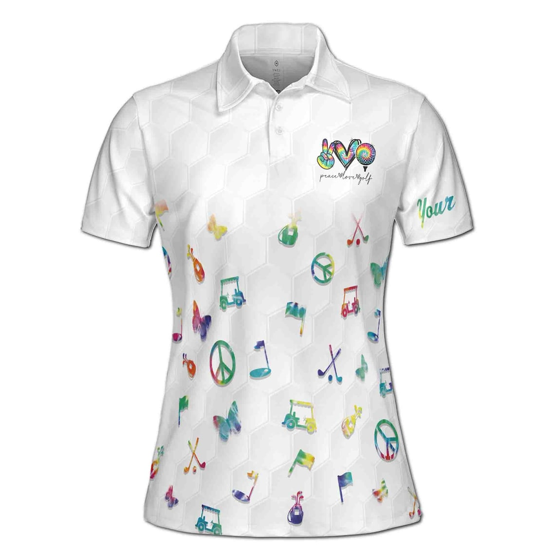 Custom Name Colorful Watercolor Peace Love Golf Women's Polo Shirt (S-5XL)