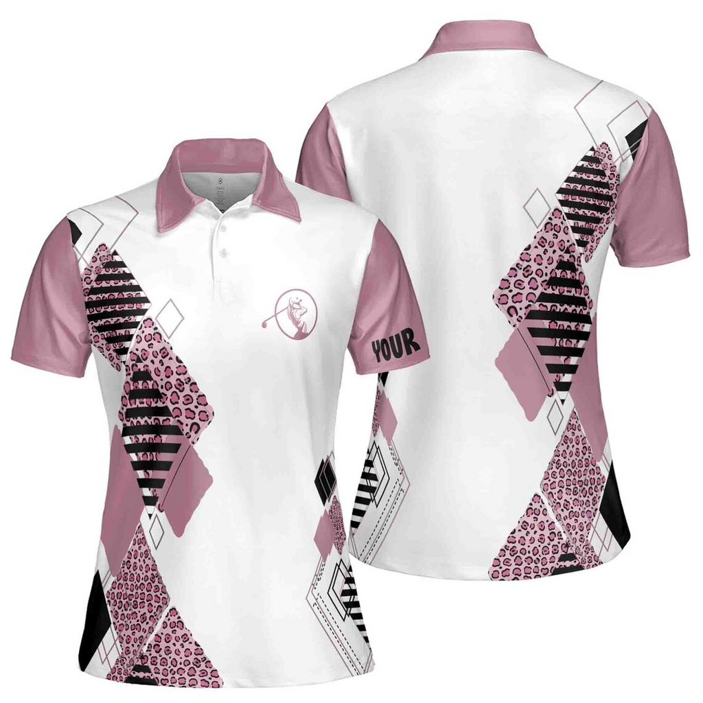 Leopard Pattern Women's Golf Polo: Custom Name Pink & White Shirt