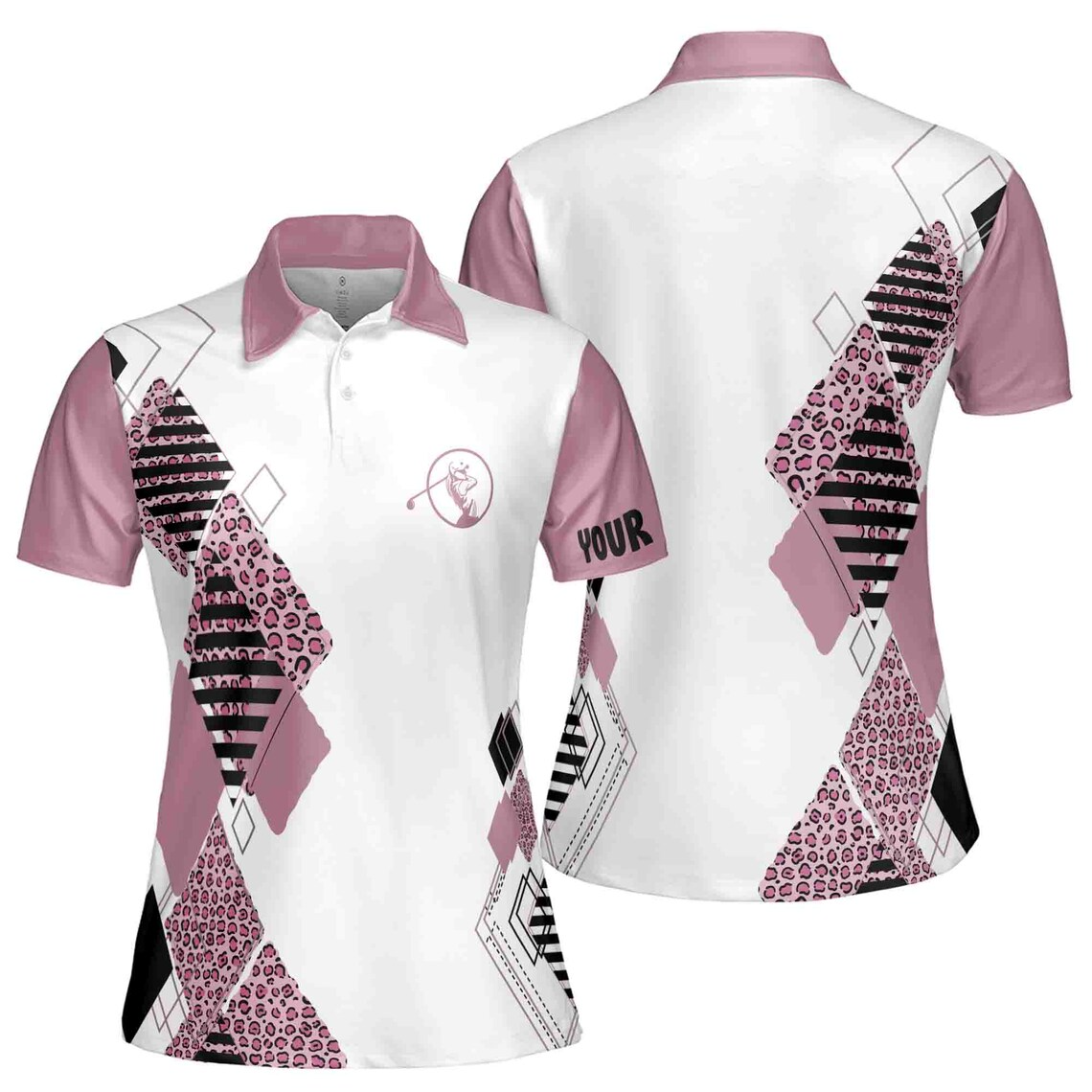 Leopard Pattern Women's Golf Polo: Custom Name Pink & White Shirt
