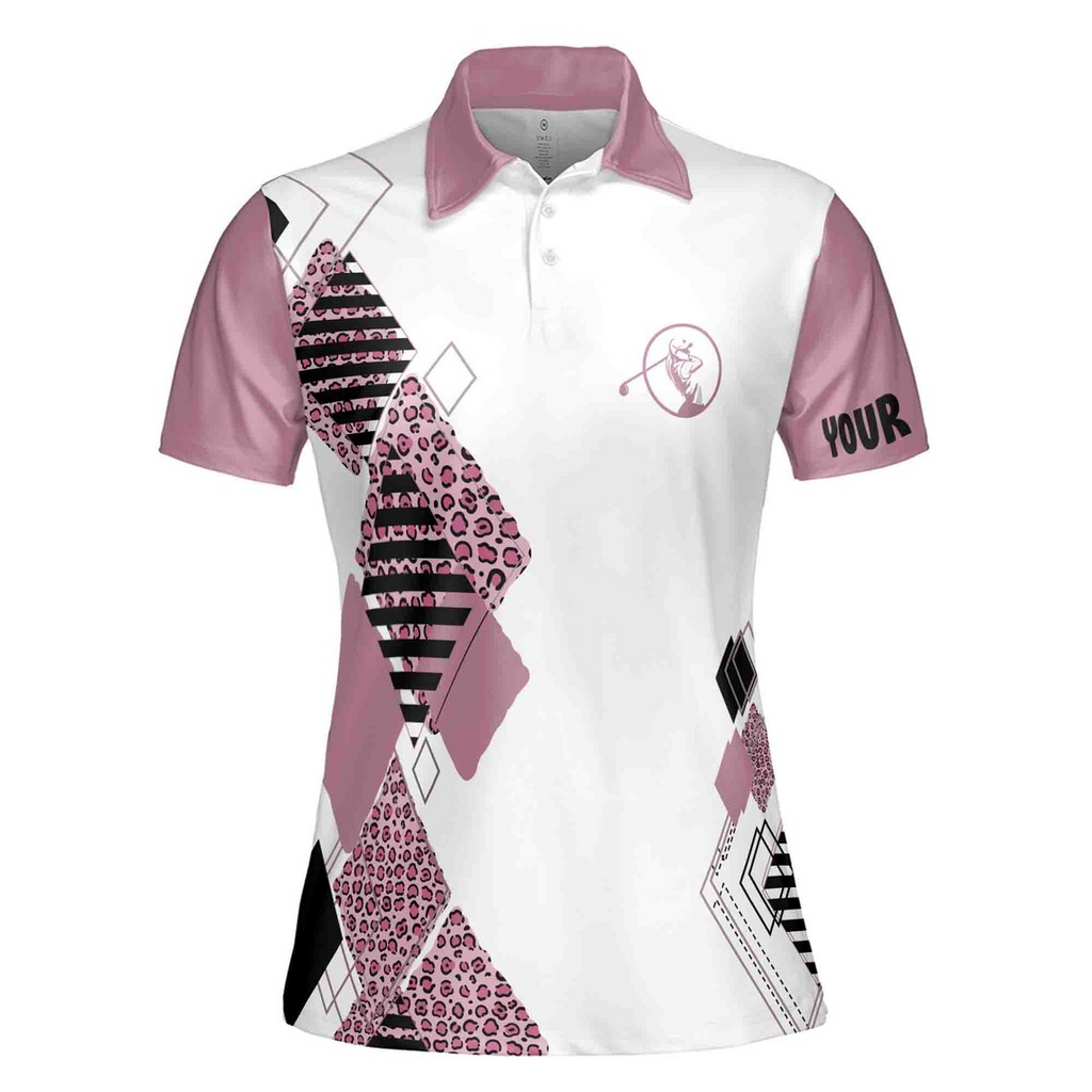 Leopard Pattern Women's Golf Polo: Custom Name Pink & White Shirt