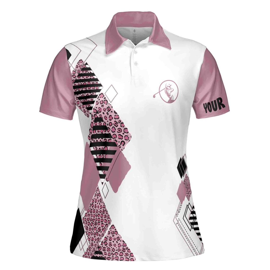 Leopard Pattern Women's Golf Polo: Custom Name Pink & White Shirt
