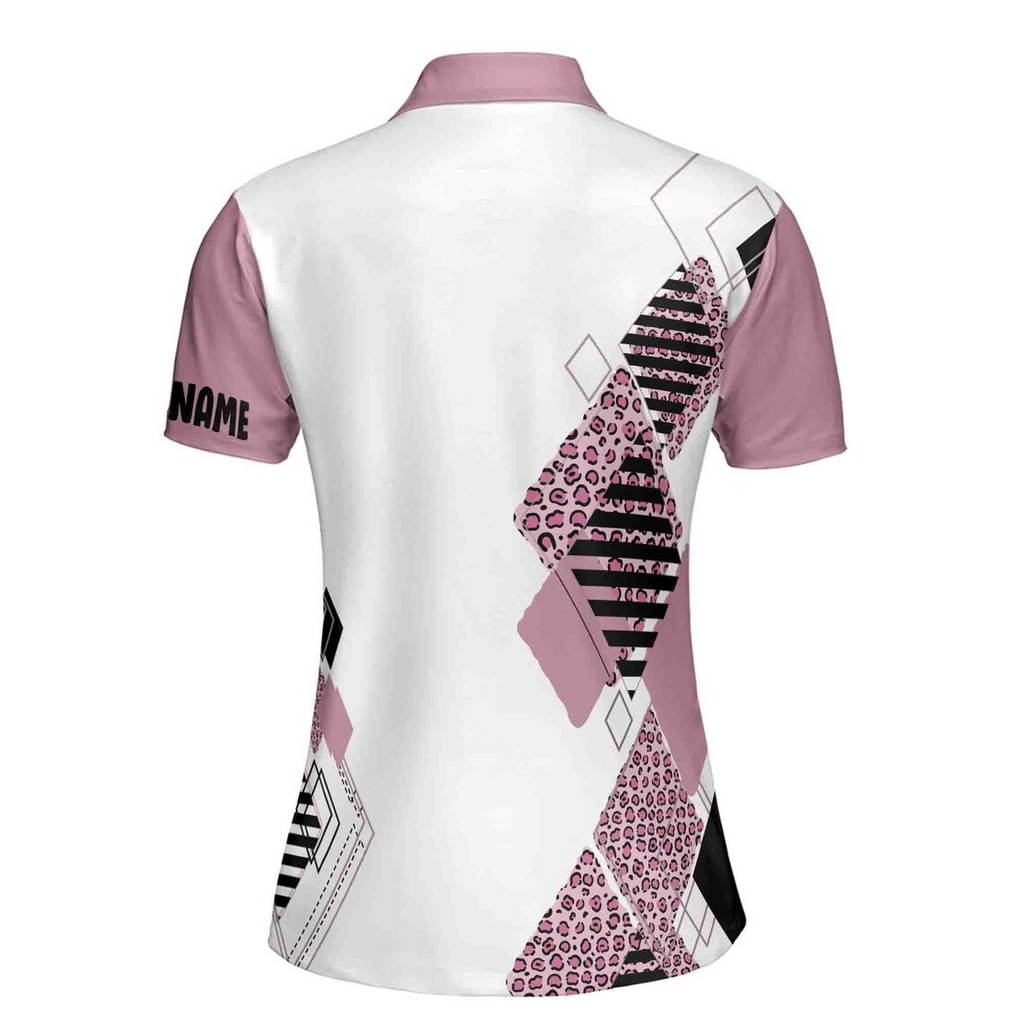 Leopard Pattern Women's Golf Polo: Custom Name Pink & White Shirt