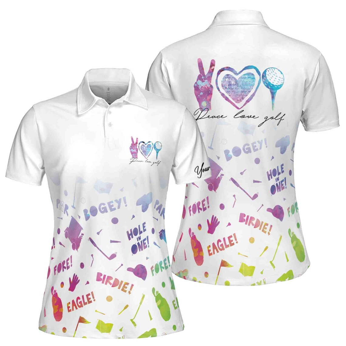 Custom Name Watercolor Peace Love Golf Women's Polo Shirt (S-5XL)