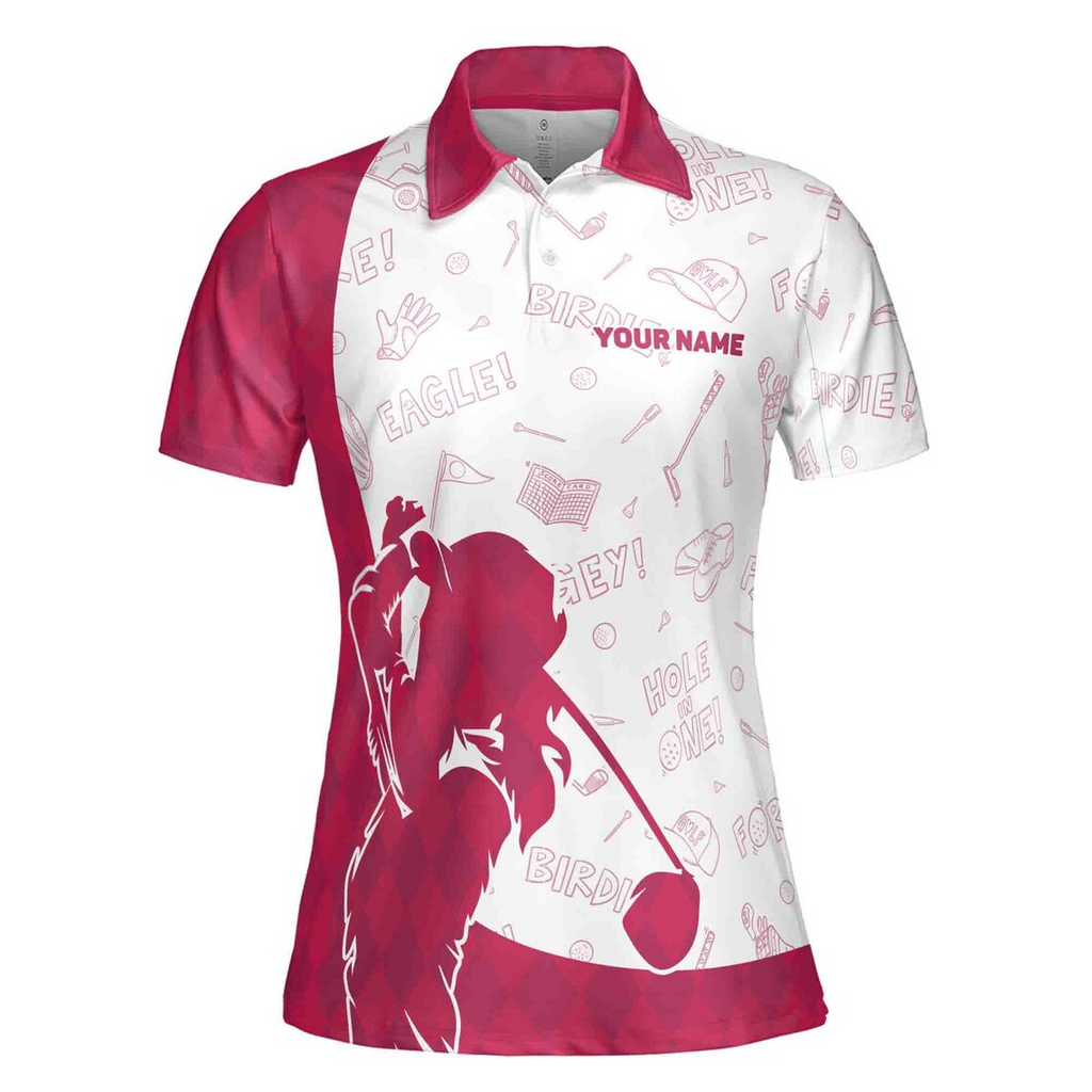 Custom Name Flamingo Golf Polo Shirt: Pink Argyle Women's Polo (S-5XL)