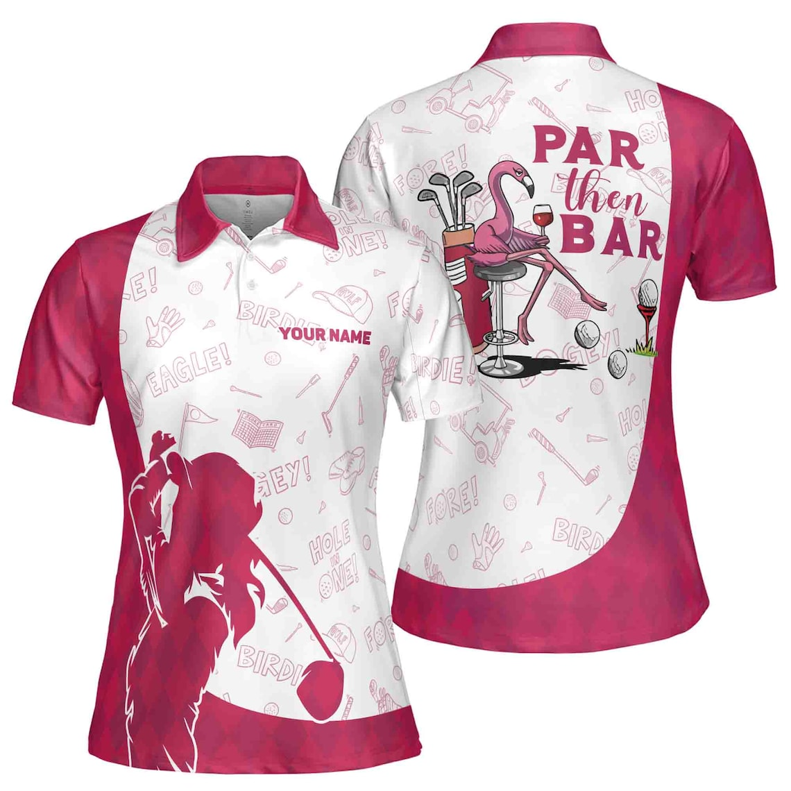 Custom Name Flamingo Golf Polo Shirt: Pink Argyle Women's Polo (S-5XL)