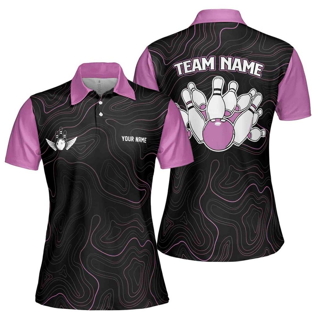 Custom Name, Team Name Multicolor Pattern Bowling Ball Camo Women's Polo Shirt (S-5XL)