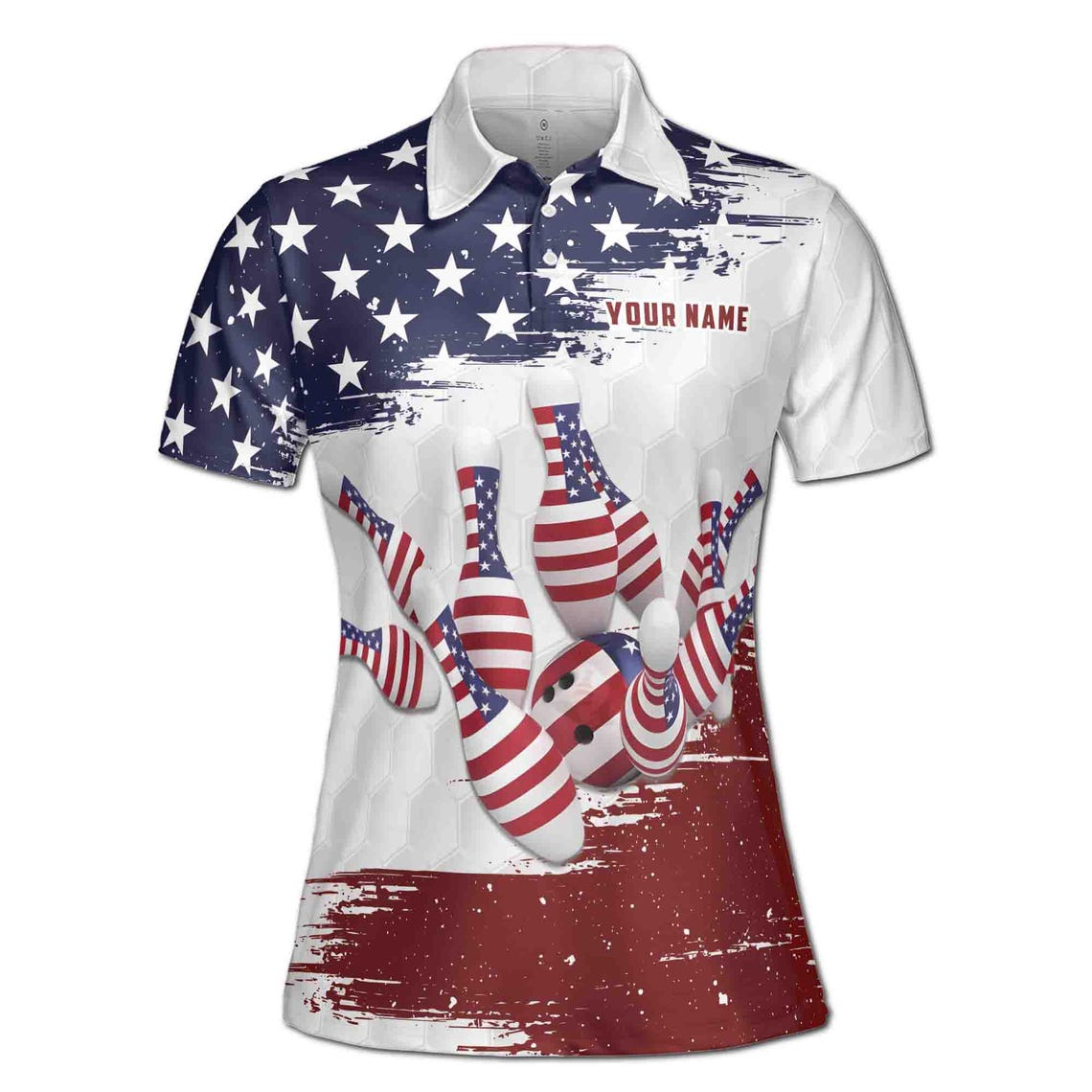 Customize Name Team Name American Flag Grunge Bowling Women's Polo Shirt (S-5XL)