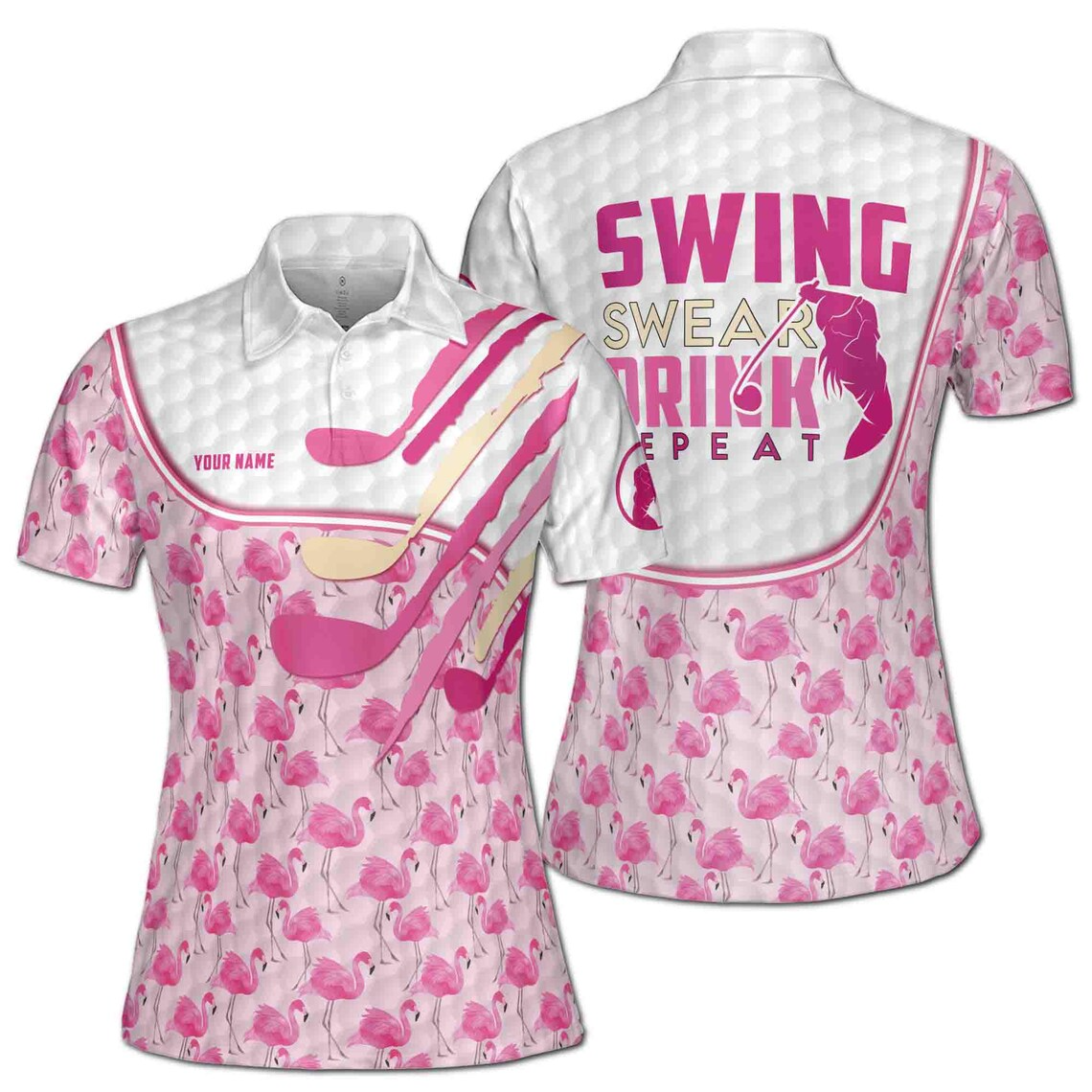 Custom Name Pink Flamingo Swing Swear Drink Repeat Golf Women's Polo Shirt (S-5XL)