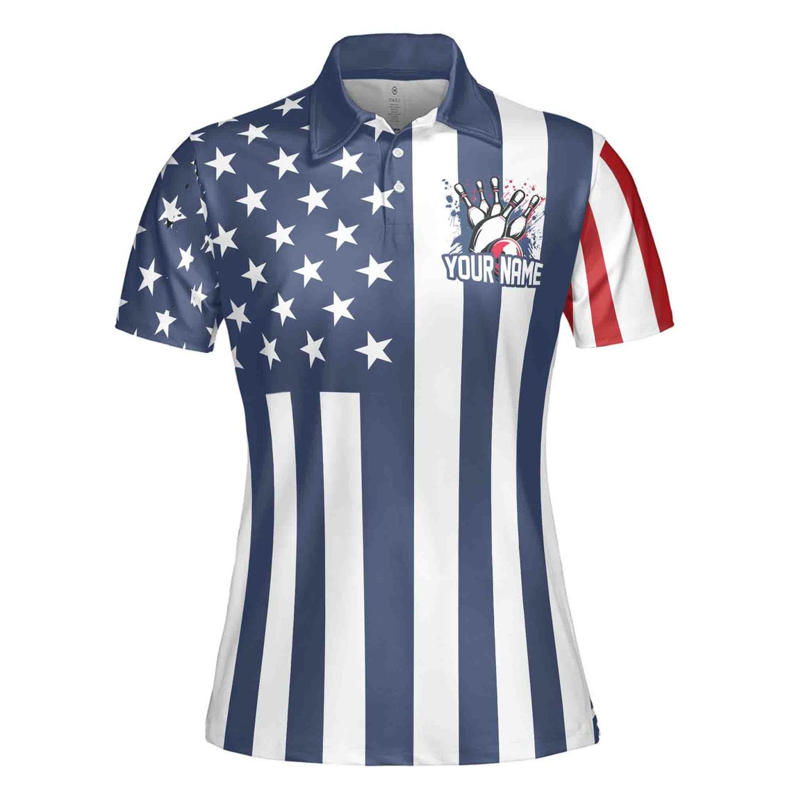 Custom Name, Team Name Bowling Ball American Flag Women's Polo Shirt (S-5XL)