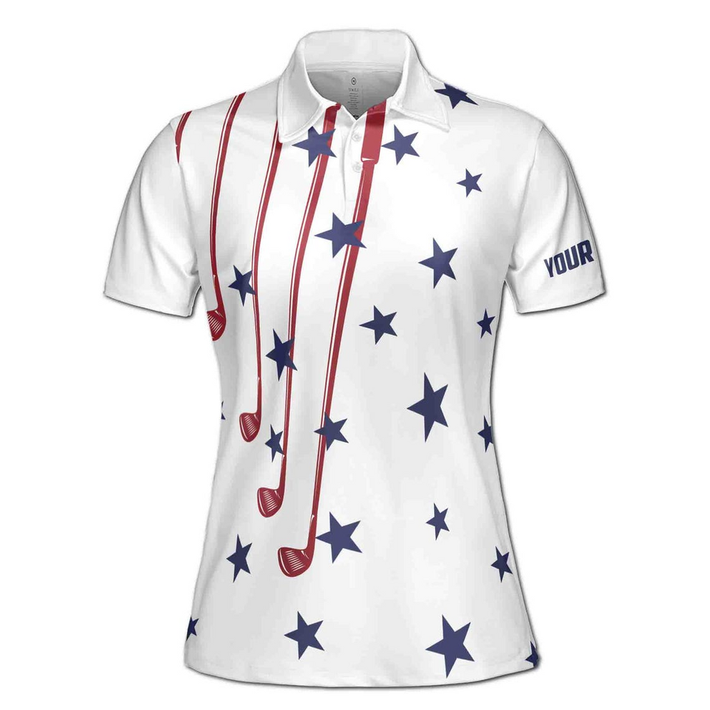 Custom Name White Golf American Flag 4th July Women's Polo Shirt (S-5XL)