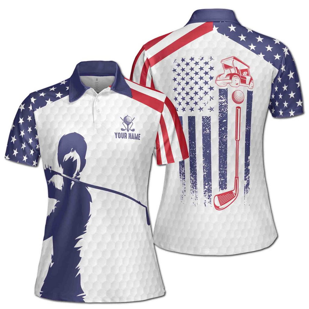 Custom Name Patriotic American Lady Golfer Women's Polo Shirt (S-5XL)