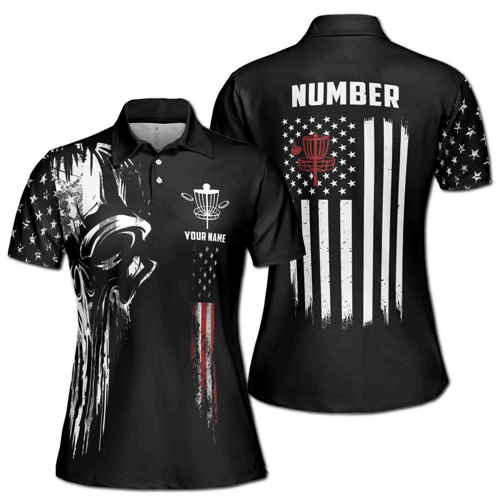 Personalized Dark Skull America Disc Golf USA Flag Women's Polo Shirt (S-5XL)