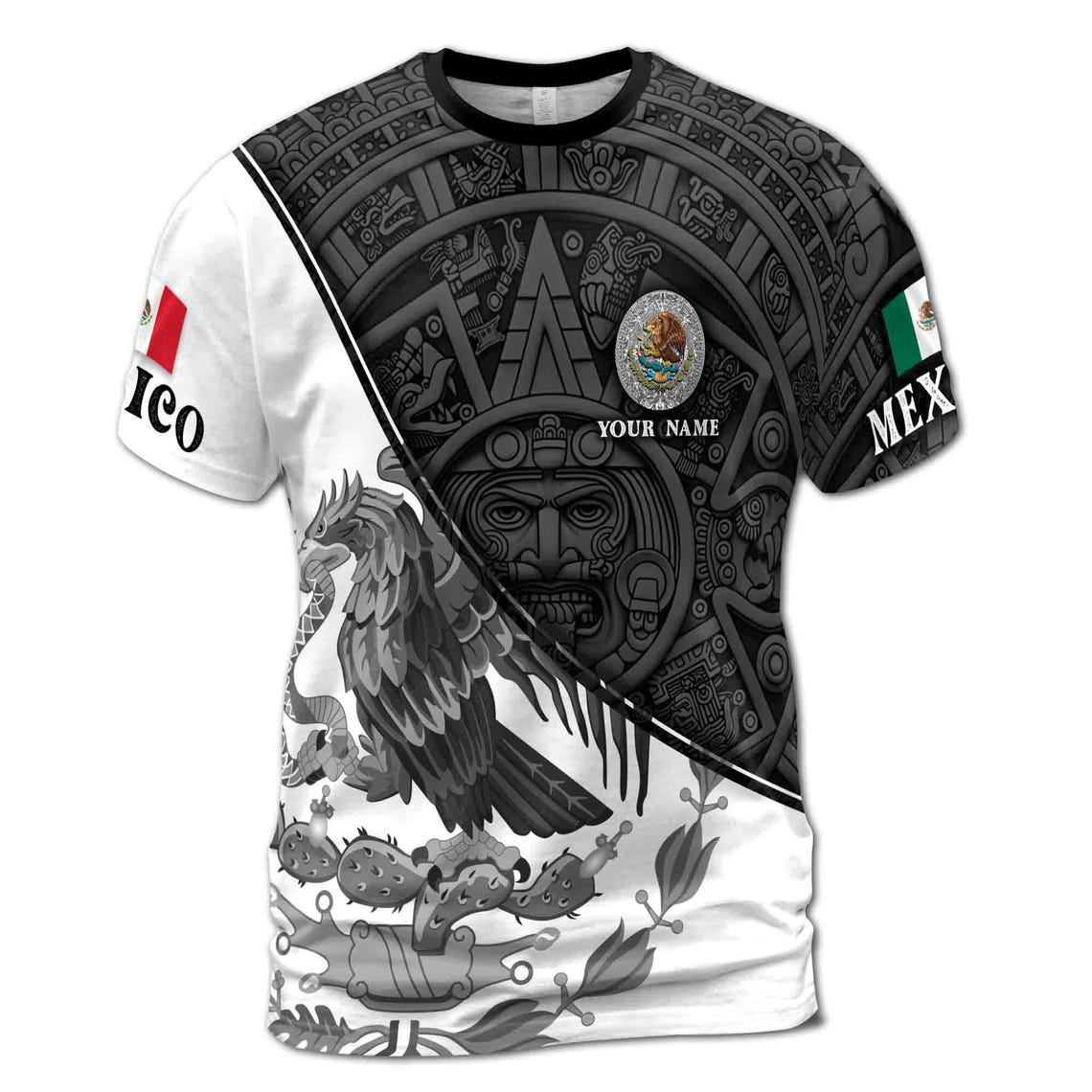Custom Name Mexico Tribal Aztec Eagle Coat of Arms Men's 3D T-shirt S-5XL