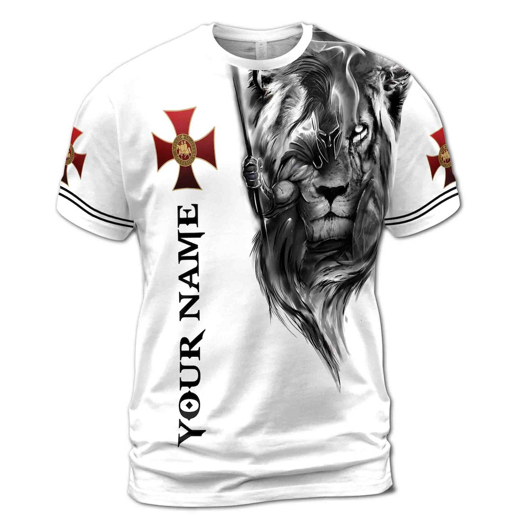 Custom Name Religious Lion Knight Templar Jesus Christ 3D T-Shirt (S-5XL)