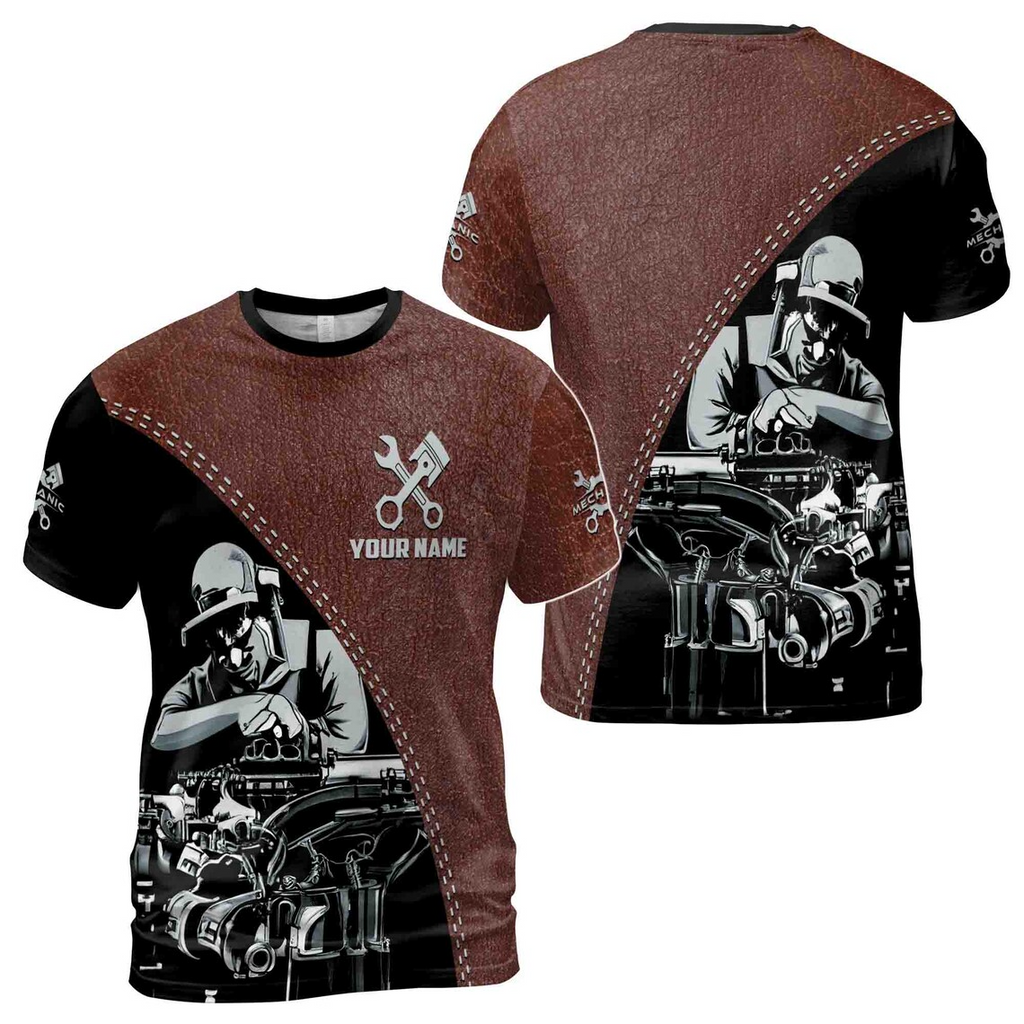 Customize Name Mechanic Tool Leather Grunge Dad Gift 3D T-Shirt S-5XL