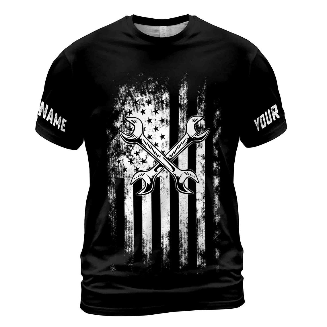 Customize Name Mechanic Tool American Grunge Flag 3D T-Shirt S-5XL