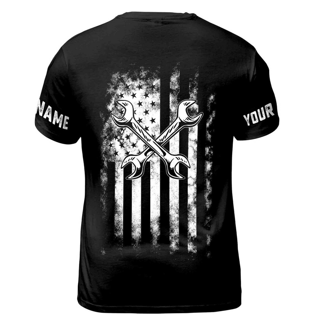 Customize Name Mechanic Tool American Grunge Flag 3D T-Shirt S-5XL