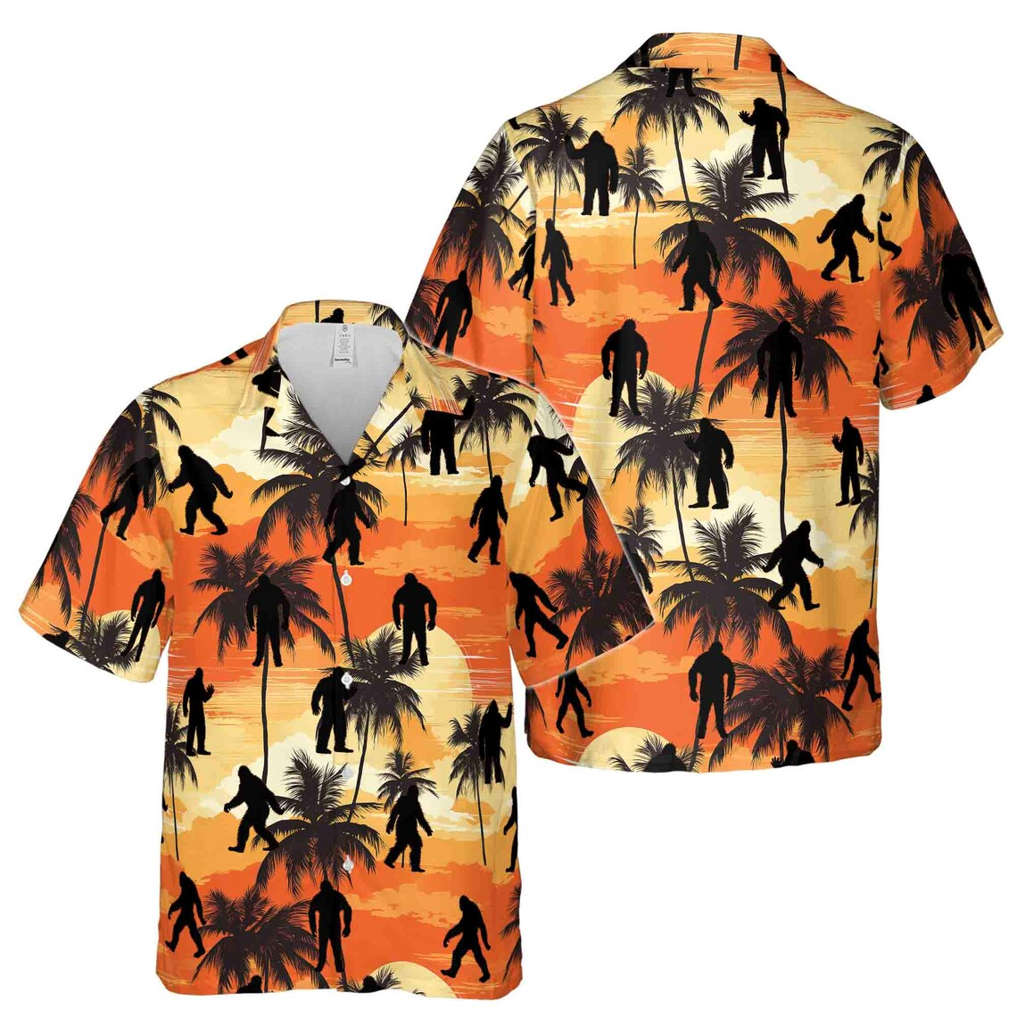 Colorful Bigfoot Sasquatch Coconut Tree Mountain Sunset Hawaiian Shirts (S-5XL)