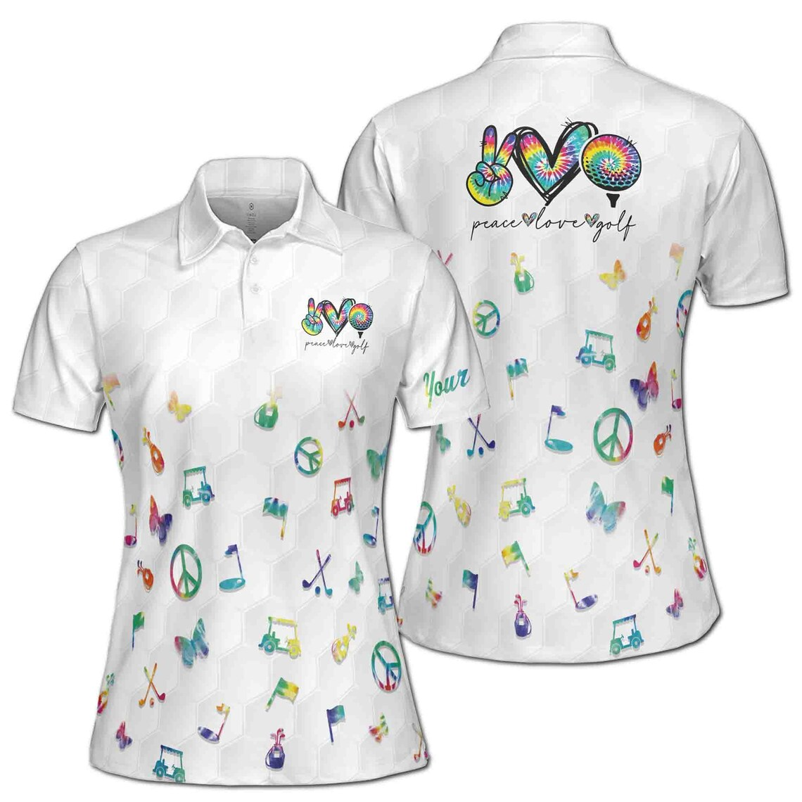 Custom Name Colorful Watercolor Peace Love Golf Women's Polo Shirt (S-5XL)